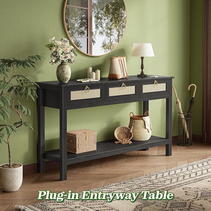 SUPERJARE Rattan Console Sofa Table with Outlets and USB-C Port, 3 Drawer Entryway Table with Synthetic Rattan Surface, Open Shelf, Behind Couch Entry Foyer Hallway Storage, Black