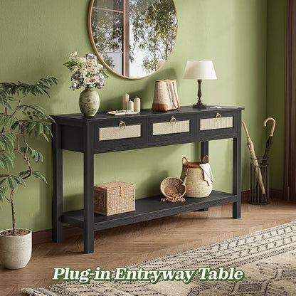 SUPERJARE Rattan Console Sofa Table with Outlets and USB-C Port, 3 Drawer Entryway Table with Synthetic Rattan Surface, Open Shelf, Behind Couch Entry Foyer Hallway Storage, Black
