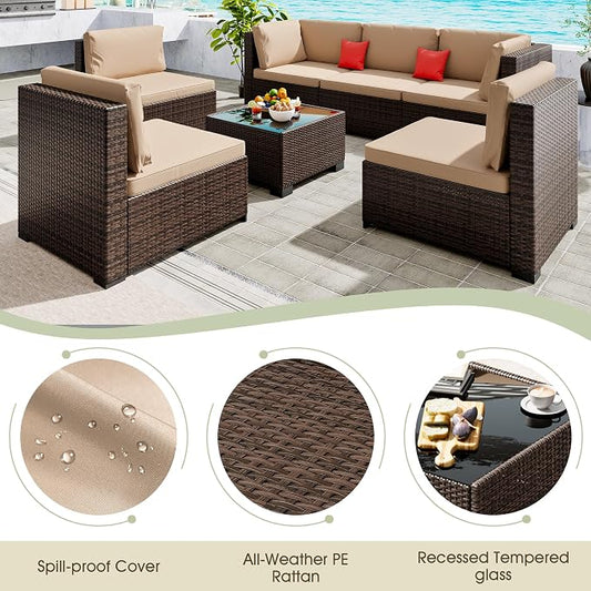 LHBcraft 7 Piece Outdoor Patio Furniture Set, Wicker Hand-Woven Patio Furniture Set Outdoor Patio Sectional Sofa for Backyard Rattan Seating with Beige Cushion