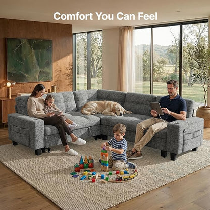 AMADA HOMEFURNISHING 85″ Modular Sectional Sleeper Sofa with Pull Out Couch, U Shaped 5 Seat Sectional Sofa with Storage, USB Ports & Cup Holders, Chenille Cloud Couches for Living Room, Light Gray