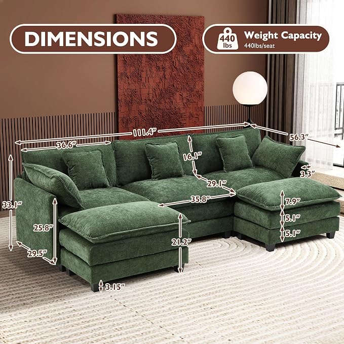 Ihanherry 111.4" U Shaped Modern Sofa Modular Sectional Cloud Couch with 2 Ottoman, 5-Seat Chenille Deep Seat Sofa with Pillow for Living Room, Bedroom and Apartment, Green