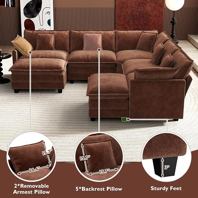 Ihanherry 114" V-Shaped Modern Sofa Modular Sectional Luxurious and Comfortable with 2 Ottoman, 7-Seat Chenille Deep Seat Sofa with Corner Section for Living Room, Bedroom and Apartment, Brick Red