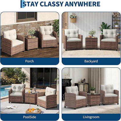 Garvee Outdoor Wicker Chairs,3 Pieces Patio Furniture Set,All Weather High Back Rattan Chairs w/Washable Cushion and Tempered Glass Tabletop for Deck Porch Balcony Backyard Garden,Brown & Beige