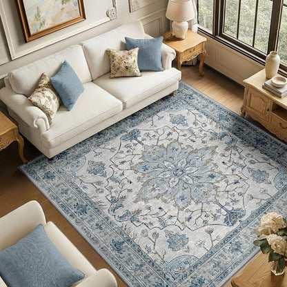 RELEANY Area Rugs Square 6ft Washable Non-Slip, Floral Vintage Distress Medallion Carpet for Living Room Bedroom Dining Room, Light Blue Navy Gray White