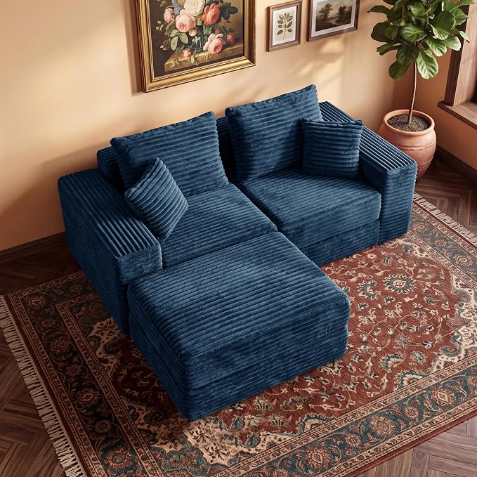 75'' L-Shaped Cloud Modular Sectional Couch with Chaise, Modern Corduroy Memory Foam Sofa Bed, Upholstered Boneless Deep Seat Fluffy Sleeper Sofa, for Living Room, No Assembly Needed (Blue)