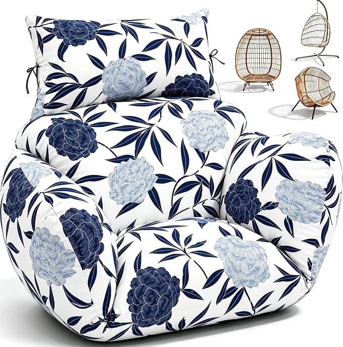 Waterproof Egg Chair Cushion Replacement 47x31.5x4.7 inch Thicken Hanging Egg Swing Chair Cushion Indoor Outdoor Wicker Rattan Hammock Basket Cushion with Headrest Pillow, Blue Enchantress