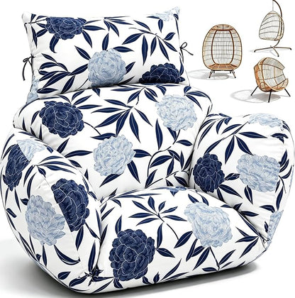 Waterproof Egg Chair Cushion Replacement 47x31.5x4.7 inch Thicken Hanging Egg Swing Chair Cushion Indoor Outdoor Wicker Rattan Hammock Basket Cushion with Headrest Pillow, Blue Enchantress
