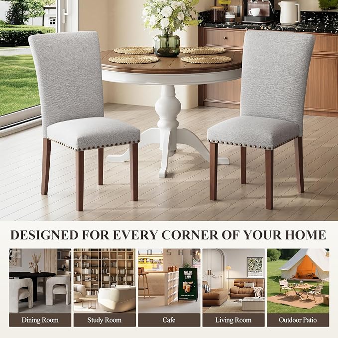 MALOL Dining Chairs Set of 2, High Back Dining Chair with Wood Legs and Nailhead Trim, Modern Padded Kitchen Room Chairs for Dining Room/Restaurant, Light Grey