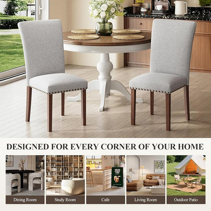 MALOL Dining Chairs Set of 2, High Back Dining Chair with Wood Legs and Nailhead Trim, Modern Padded Kitchen Room Chairs for Dining Room/Restaurant, Light Grey