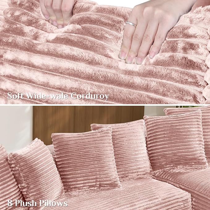 131" Oversized U Shaped Cloud Sectional Couches for Living Room, Comfy Fluffy Corduroy Pink Boneless Sectionals Couch, Plush Memory Foam Modular Sectional Sofa with Chaise- 19" Seat Height