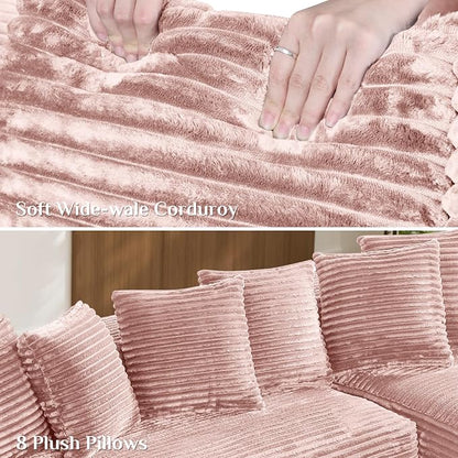 131" Oversized U Shaped Cloud Sectional Couches for Living Room, Comfy Fluffy Corduroy Pink Boneless Sectionals Couch, Plush Memory Foam Modular Sectional Sofa with Chaise- 19" Seat Height