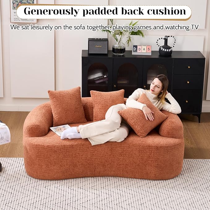 65" Curved Loveseat for Small Spaces,Boneless Loveseat Sofa,Wood Grain Chenille Fabric, No Installation Requirement, Curved Sofa Couch for Apartment,Living Room,Office (Coral, 65")