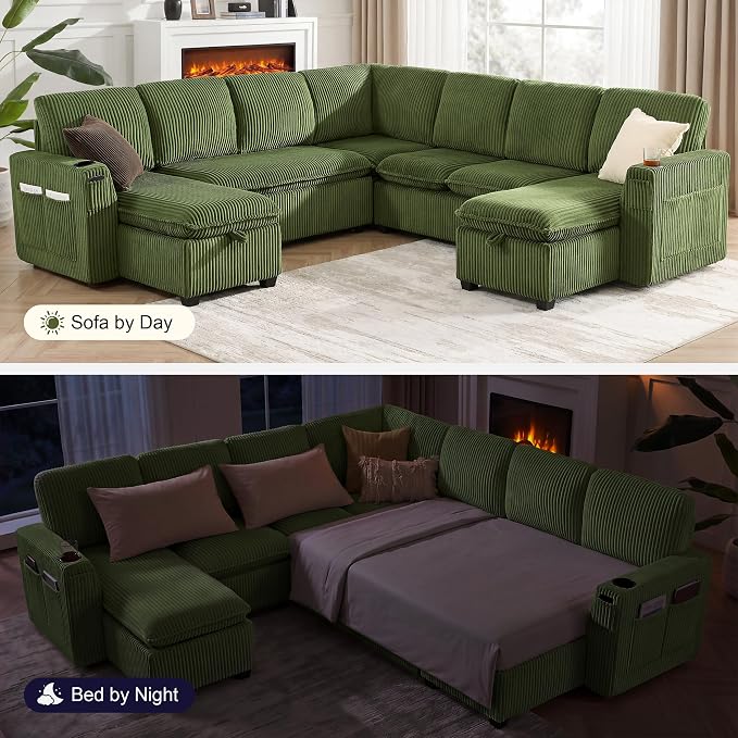 Oversized Sectional Sleeper Sofa with Pull Out Bed, Plush Corduroy 9 Seat Modular Sofa with Storage Chaise and Adjustable Backrest, Cloud Couches for Living Room, Apartment, Green