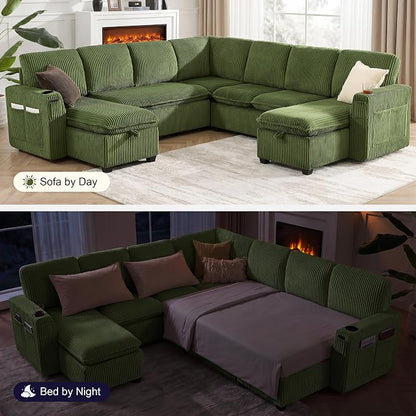 Oversized Sectional Sleeper Sofa with Pull Out Bed, Plush Corduroy 9 Seat Modular Sofa with Storage Chaise and Adjustable Backrest, Cloud Couches for Living Room, Apartment, Green