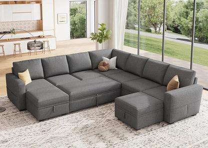 HONBAY Modular Sectional Sleeper Sofa with Pull Out Couch, Oversized U Shaped Sleeper Pull Out Bed with Storage Sectional Couches for Living Room - Dark Grey