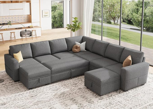 HONBAY Modular Sectional Sleeper Sofa with Pull Out Couch, Oversized U Shaped Sleeper Pull Out Bed with Storage Sectional Couches for Living Room - Dark Grey