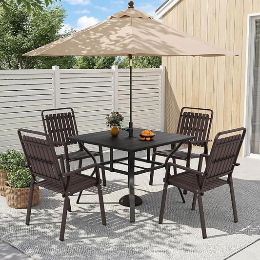 Outdoor Dining Set Rectangle Table and Chairs for 4, All Weather Patio Furniture Set with Umbrella Hole Metal Dining Set for Deck Backyard Pool (Black & Brown, 5-Piece(1 Table + 4 Chairs))
