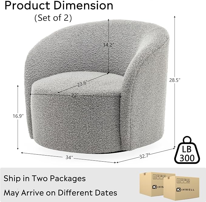 KINWELL 34" W Swivel Barrel Chair Set of 2, Mid Century Modern Round Upholstered Boucle Swivel Accent Chairs, No Assembly Sofa Chair for Living Room Bedroom Reading, Black White