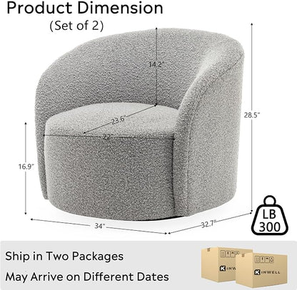 KINWELL 34" W Swivel Barrel Chair Set of 2, Mid Century Modern Round Upholstered Boucle Swivel Accent Chairs, No Assembly Sofa Chair for Living Room Bedroom Reading, Black White