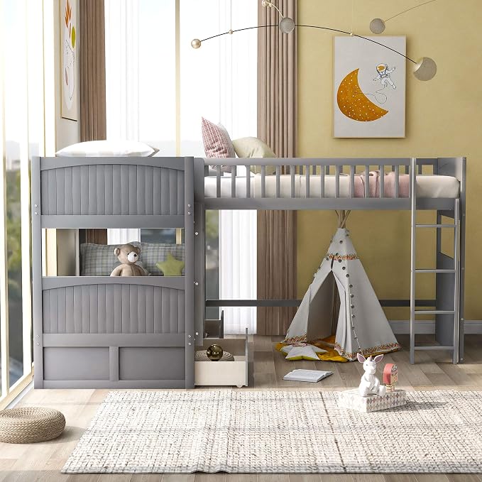 Flieks Triple Bed Twin-Over-Twin-Over-Twin Bed L Shaped Bunk Bed with 2 Drawers and 2 Ladders, No Box Spring Needed