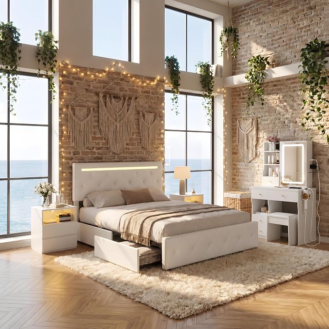 4 Pieces Queen Bedroom Set, Modern PU Fabric Metal Bed Frame with Charge Port, LED Light&Adjustable Headboard, Vanity Table with Slide LED Mirror& Hair Dryer Holder, 2 Nightstands with Charge