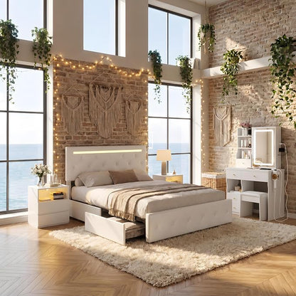 4 Pieces Queen Bedroom Set, Modern PU Fabric Metal Bed Frame with Charge Port, LED Light&Adjustable Headboard, Vanity Table with Slide LED Mirror& Hair Dryer Holder, 2 Nightstands with Charge