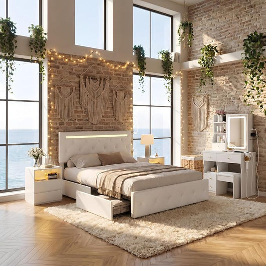 4 Pieces Queen Bedroom Set, Modern PU Fabric Metal Bed Frame with Charge Port, LED Light&Adjustable Headboard, Vanity Table with Slide LED Mirror& Hair Dryer Holder, 2 Nightstands with Charge