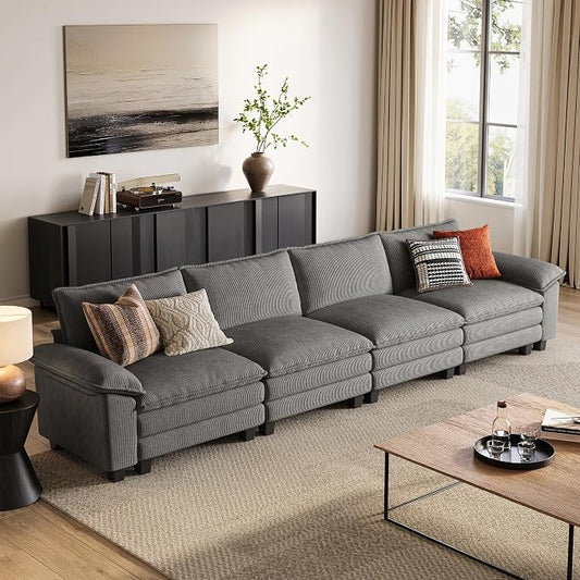 LINSY HOME 157'' Modular Sectional Sofa 4 Seat Couch Corduroy Cloud Couch with Deep Seat, Modern Cloud Couch for Living Room, Office, Bedroom, Grey