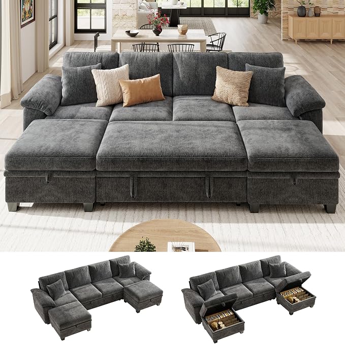Ihanherry 108" Modular Sectional Sofa with Pull Out Bed, 6-Seater U Shaped Sectional Sleeper Couch with Storage Ottoman, Chenille Convertible Couches for Living Room, Apartment (Grey)