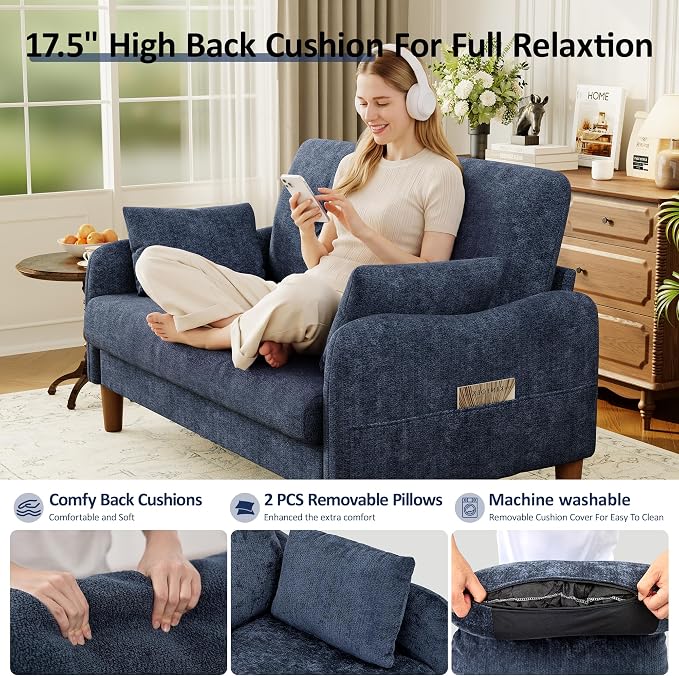 Vipbear 48" Loveseat Sofa,Modern Small Couches for Small Spaces,Blue Chenille Love Seat Couch for Living Room,Bedroom,Apartment,Office,Deep Seat,Throw Pillow,Side Pockets,Curved Armrest