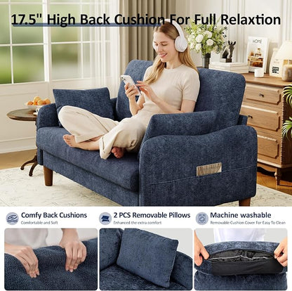 Vipbear 48" Loveseat Sofa,Modern Small Couches for Small Spaces,Blue Chenille Love Seat Couch for Living Room,Bedroom,Apartment,Office,Deep Seat,Throw Pillow,Side Pockets,Curved Armrest