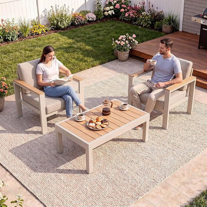 3-Piece Balcony Patio Furniture Set, Aluminum Outdoor Chair Set with 2 Single Patio Chairs & Coffee Table, 1.5mm Thick Rustproof Frame, Waterproof Removable Cushions for Small Balcony Front Porch