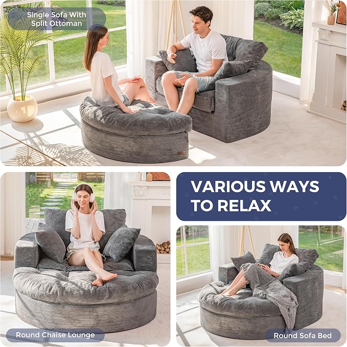 MAXYOYO L Shape Sectional Sofa Couch and Round Chaise Lounge, Modern Cloud Couch with Ottoman, Comfy Sofa with Layered Cushion, Tufted Upholstered Chair for Living Room, No Assembly Required