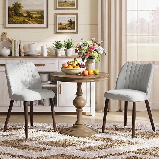 Upholstered Dining Chairs Set of 2, Modern Fabric Dining Chairs with Curved Backrest & Solid Rubber Wood Legs, Padded Kitchen Dining Room Chairs for Restaurant Cafe, Light Grey