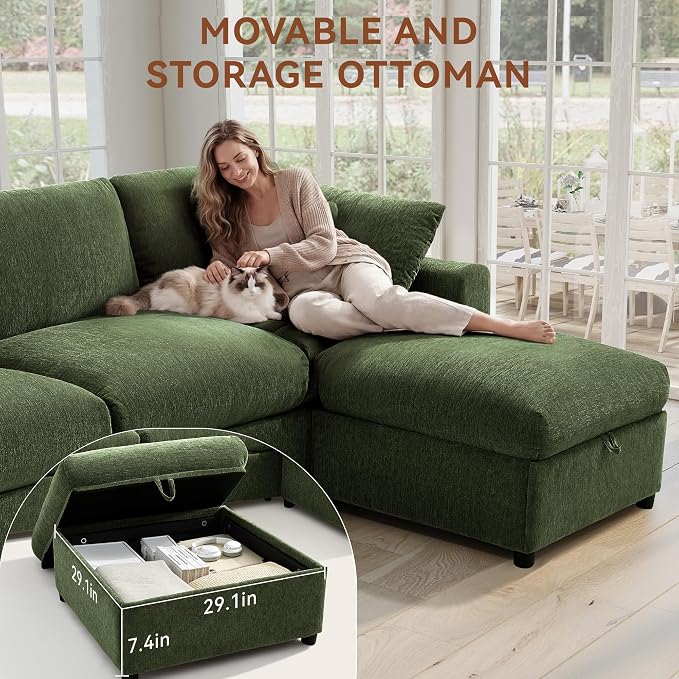 Ihanherry 141" Oversized Cloud Sectional Couches for Living Room, Modular Sectional Sofa with Wide Deep Seat, U Shaped Couch with Throw Pillow and Storage Ottoman, Green