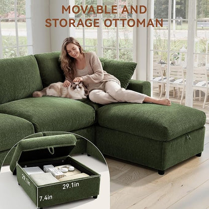 Ihanherry Cloud Sectional Couches for Living Room, 110" Large Modular Sectional Sofa with Wide Deep Seat, L Shaped Couch with Throw Pillow and Storage Ottoman, Green