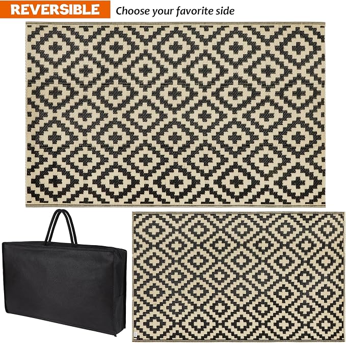SAND MINE Reversible Mats, Plastic Straw Rug, Modern Area Rug, Large Floor Mat and Rug for Outdoors, RV, Patio, Backyard, Deck, Picnic, Beach, Trailer, Camping (3' x 5', Black & Beige Lattice)