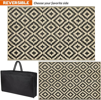 SAND MINE Reversible Mats, Plastic Straw Rug, Modern Area Rug, Large Floor Mat and Rug for Outdoors, RV, Patio, Backyard, Deck, Picnic, Beach, Trailer, Camping (3' x 5', Black & Beige Lattice)