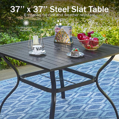 PHI VILLA 5pc Outdoor Table and Chairs,37" Square Table w/Umbrella Hole | Perfect for patio, deck, porch, backyard. Includes 1 black square metal table and 4 stackable wrought iron chairs.