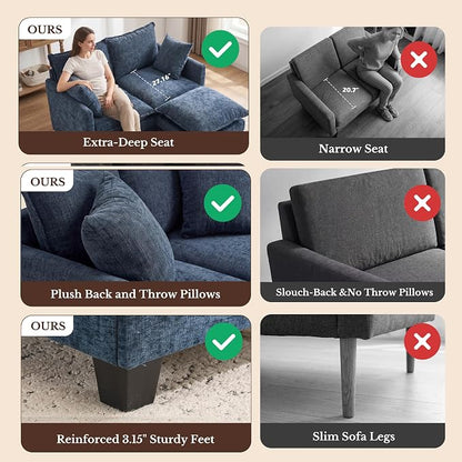 Loveseat Sofa with Ottoman, Cloud 3-Layer Cushion, 27" Deep Seat Love Seat Small Couch with 2 Pillows for Small Spaces, Bedroom, Apartment, Office, Living Room, in a Box, 50-Inch Blue