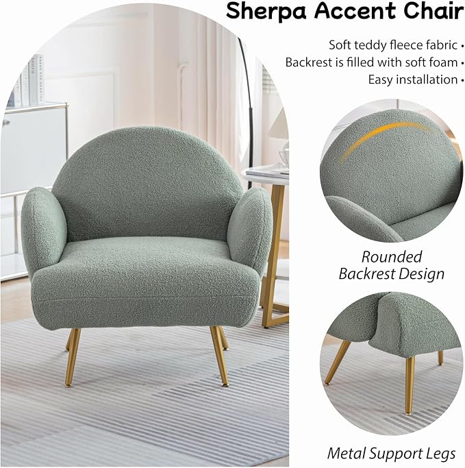 Accent Chair Green with Golden Metal Legs,Reading Chair for Bedroom Comfy, Boucle Sherpa Chair for Living Room, Bedroom