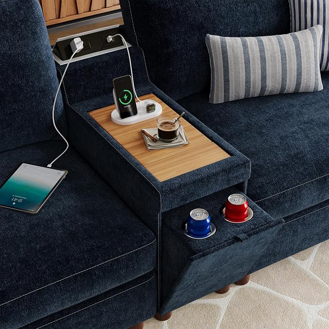 SITJOY Large Cloud Couch, 138" Wide 8 Seat V Shaped with Console, Navy Blue | Detachable and Washable Chenille Cover Sectional Sofas for Living Room, Deep Seat Wide Couch with Chaise, Storage Ottoman