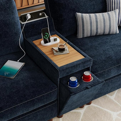 SITJOY Large Cloud Couch, 138" Wide 8 Seat V Shaped with Console, Navy Blue | Detachable and Washable Chenille Cover Sectional Sofas for Living Room, Deep Seat Wide Couch with Chaise, Storage Ottoman