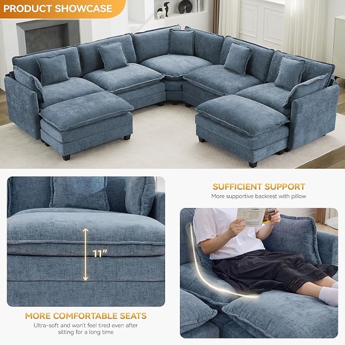 113'' V Shaped Cloud Sectional Sofa, Oversized Deep Seat Couches for Living Room, Chenille Comfy Upholstered Modular Sectional Sofa Couch with 2 Movable Ottoman, Blue