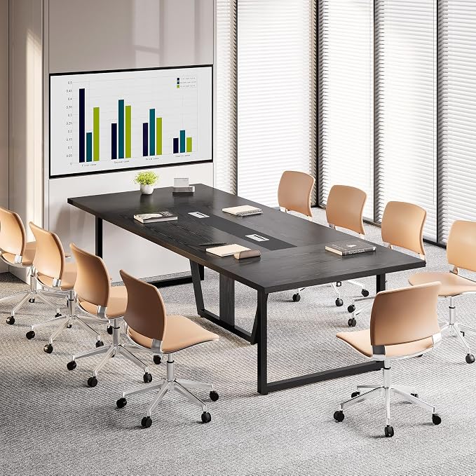 LITTLE TREE 8FT Conference Table for 10 People, Large Meeting Table, Modern Wooden Conference Room Table with Cable Management, Business Training Table with Strong Metal Legs for Office, Black
