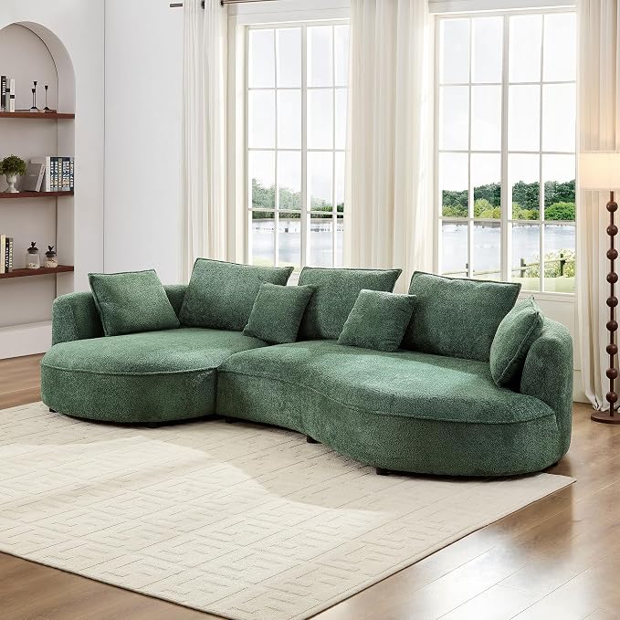 KEIKI 125" Luxury Curved Boucle Sectional Sofa with Left Chaise, Upholstered Modern Style Oversized 5-Seater Couch with Thickened Seat Cushions, Easy Assembly, for Apartment, Living Room, Green