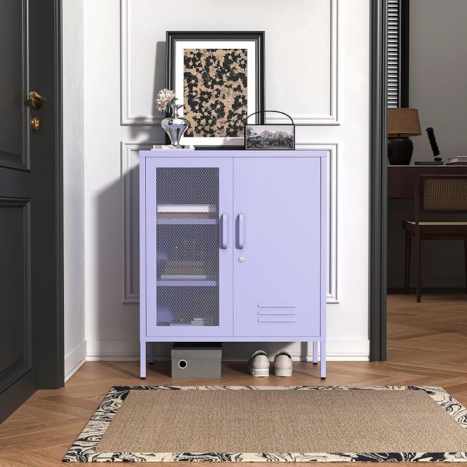 Purple Lockable Mesh & Metal Door Storage Cabinet, 3-Tier Heavy Duty Steel Locker with 2 Adjustable Shelves, Accent Cabinet for Living Room, Home Office, 33" H x 29.5" W x 13.8" D