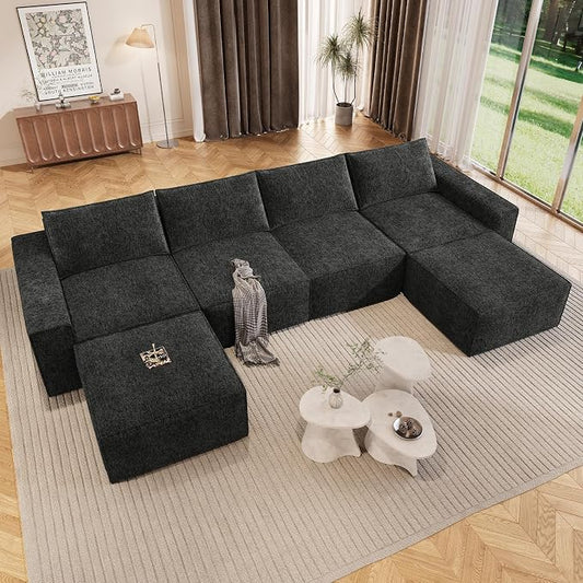 Vesgantti 145.6" Modular Boneless Couch, Modern U Shaped 6 Seater Sectional Sofa with 2 Ottoman & Deep Seat, Convertible Chenille Cloud Couches for Living Room, No Assembly Required, Black