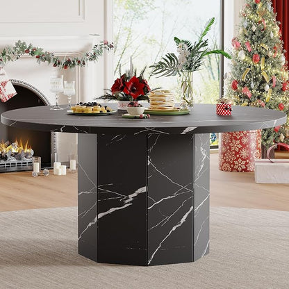 HSH Round Dining Table for 4-6 People, 47” Black Faux Marble Kitchen Table only, Modern Wooden Dinner Table for Living Dining Room with Octagon Base, Black Faux Marble, 47 Inch