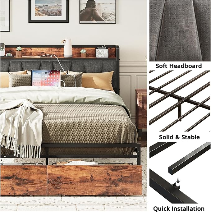 LIKIMIO Queen Size Bed Frame with 2 Drawers and Charging Station | Platform Bed with Upholstered Storage Headboard, No Box Spring Needed, Easy Assembly, Sturdy, Vintage Brown and Gray